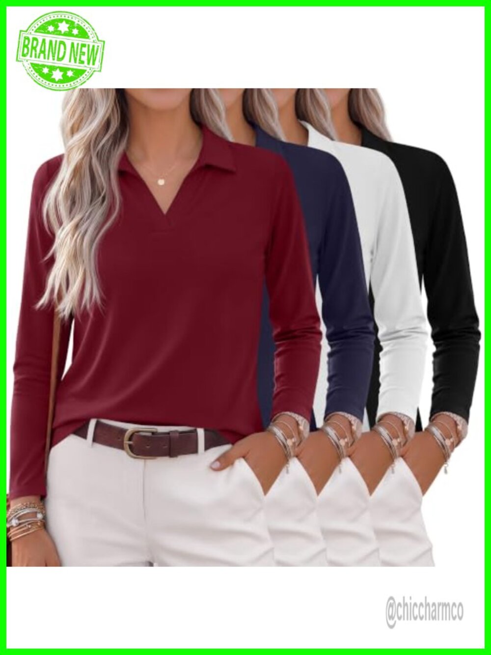 4 Pack Women's Long Sleeve Polo Shirts Loose Fit V Neck Knit Tunic Tops